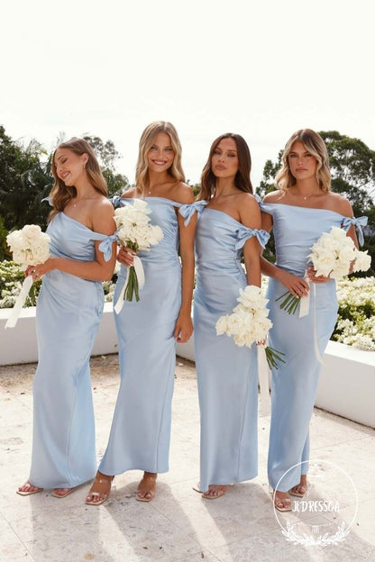 Light Blue Mermaid Off-Shoulder Chic Silk Satin Long Bridesmaid Dress, BD25043