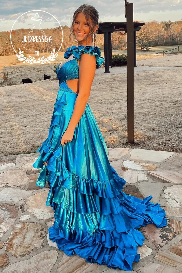 A-Line Cutout Ruffle Long Prom Dress with Slit, PD25913