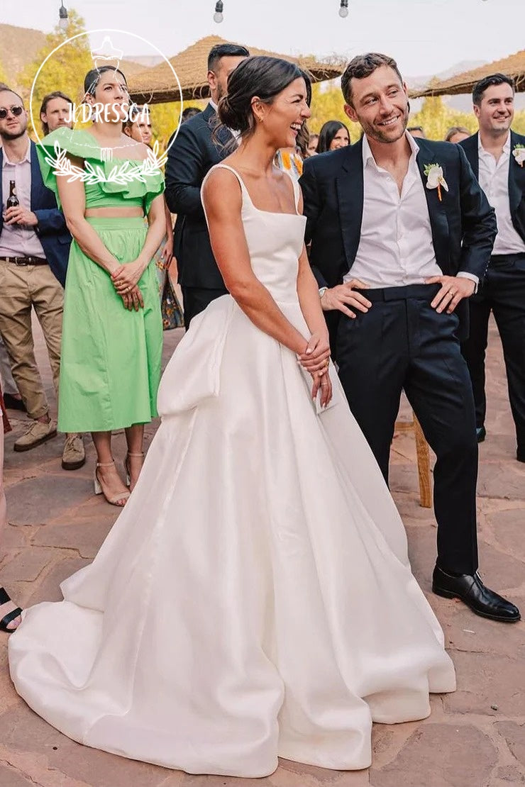 Elegant Square Neck White Satin Wedding Dress with Bow, WD25023