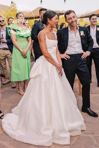 Elegant Square Neck White Satin Wedding Dress with Bow, WD25023