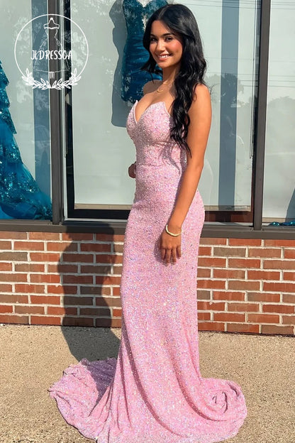 Mermaid Strapless Pink Sequins Long Prom Dresses, PD25833