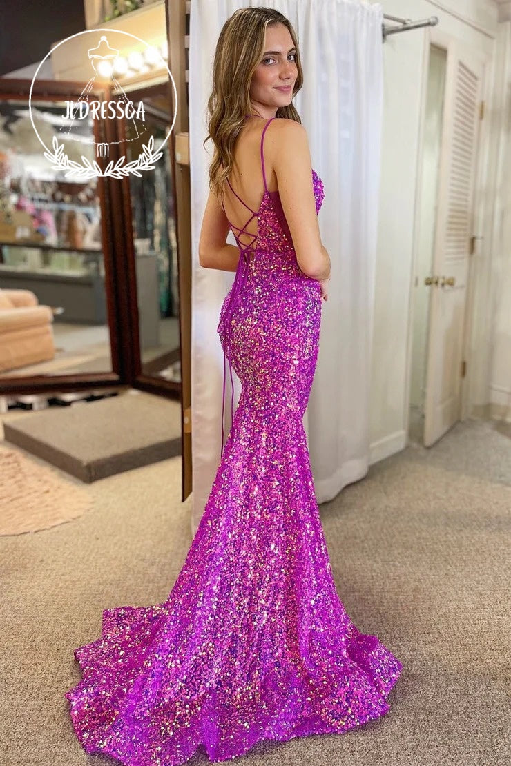 Magenta Lace-Up Long Mermaid Prom Dress with Sequins, PD25963 US12 / Pic Color Magenta Lace-Up Long Mermaid Prom Dress with Sequins, PD25963 US12 / Pic Color