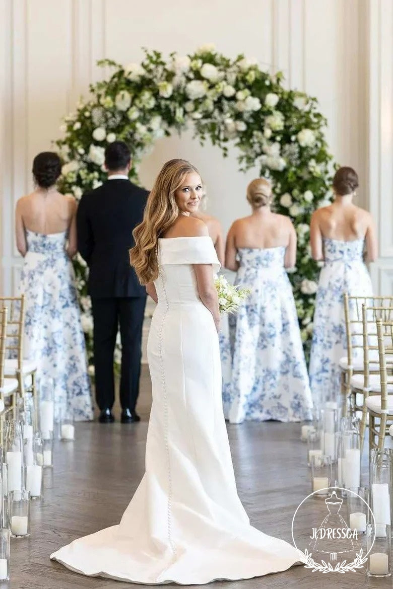 Floral Strapless Sheath Printed Satin Long Bridesmaid Dresses, BD25023