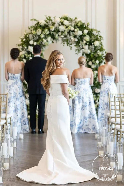 Floral Strapless Sheath Printed Satin Long Bridesmaid Dresses, BD25023