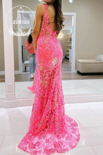 Chic Long Mermaid Fuchsia Tulle Prom Dress with Deep V Neck and Open Back, PD25933