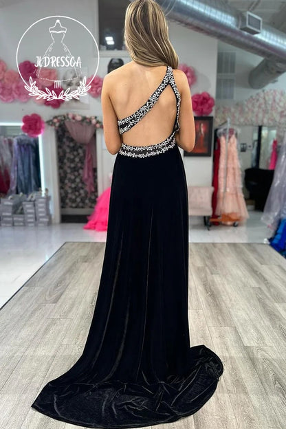 Black One Shoulder Velvet Long Prom Dress with Slit, PD25903