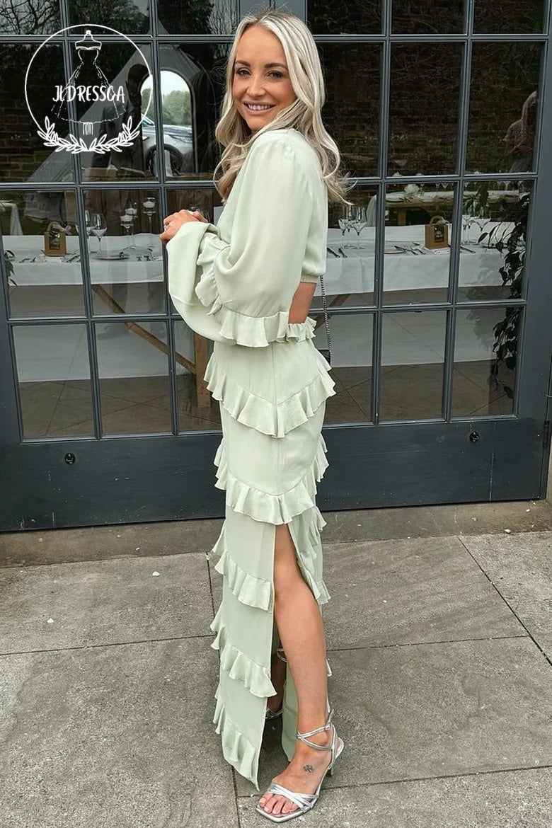 Sage Sheath V Neck Long Sleeves Chic Long Bridesmaid Dresses with Slit, BD25033