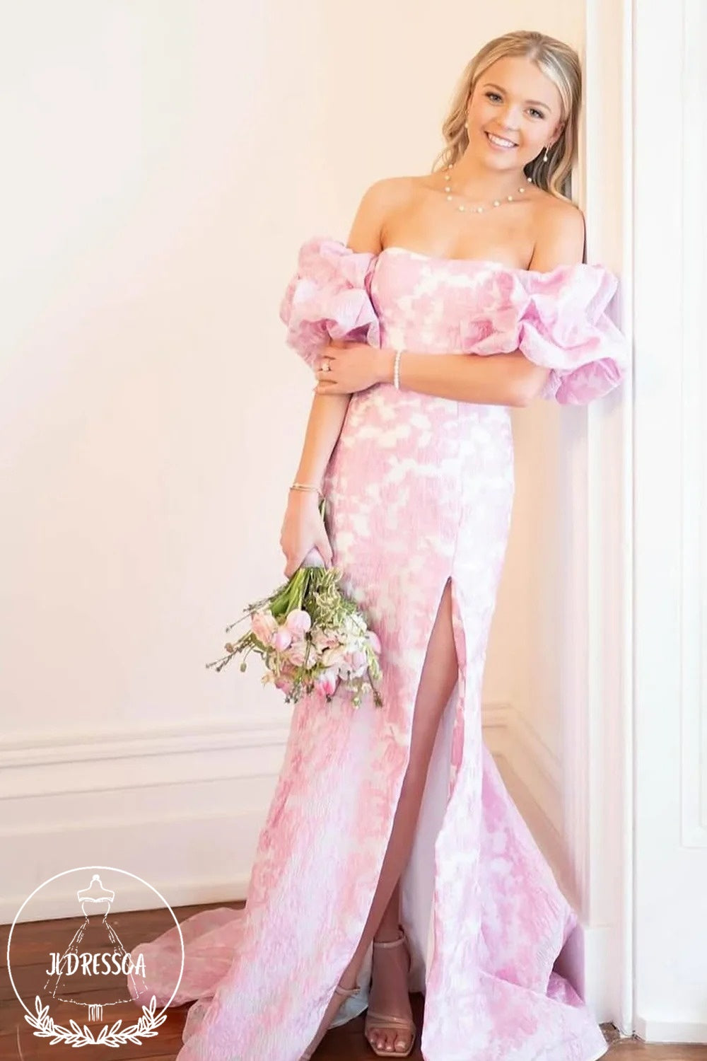 Pink Strapless Mermaid Floral Printed Long Prom Dress with Sleeves, PD25843