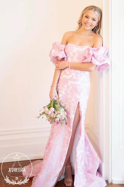 Pink Strapless Mermaid Floral Printed Long Prom Dress with Sleeves, PD25843