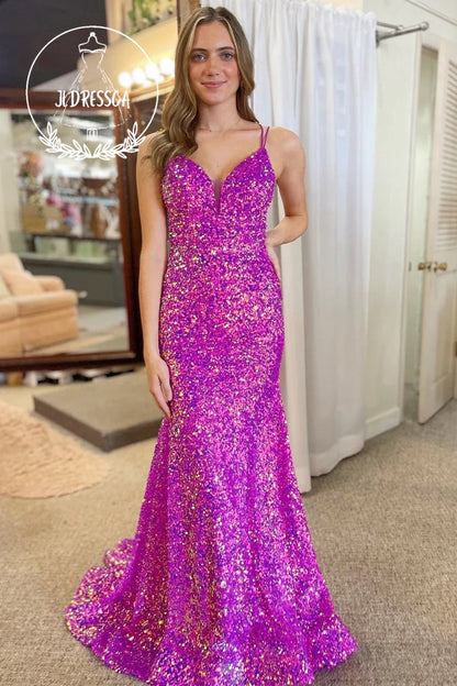 Magenta Lace-Up Long Mermaid Prom Dress with Sequins, PD25963
