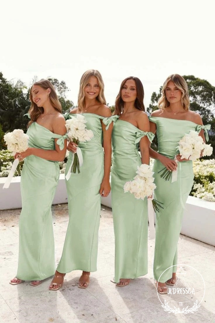 Light Blue Mermaid Off-Shoulder Chic Silk Satin Long Bridesmaid Dress, BD25043