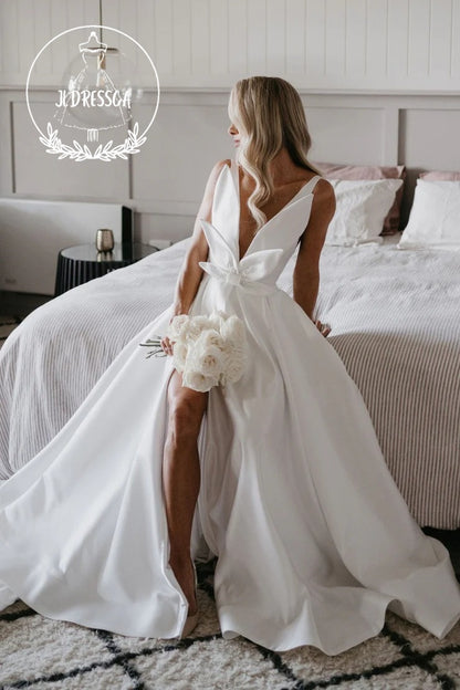 Elegant Long A - Line Satin Wedding Dresses with V Neck and Bow, WD25013