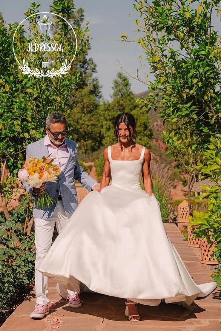 Elegant Square Neck White Satin Wedding Dress with Bow, WD25023