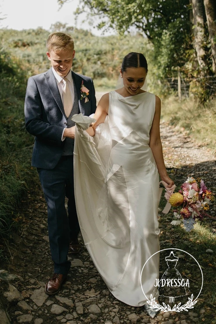 Romantic Long Sheath Silk Satin Wedding Dresses with Boat Neck, WD25008