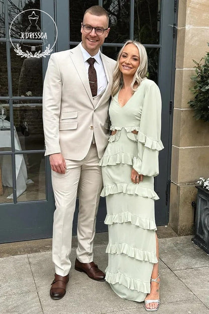 Sage Sheath V Neck Long Sleeves Chic Long Bridesmaid Dresses with Slit, BD25033