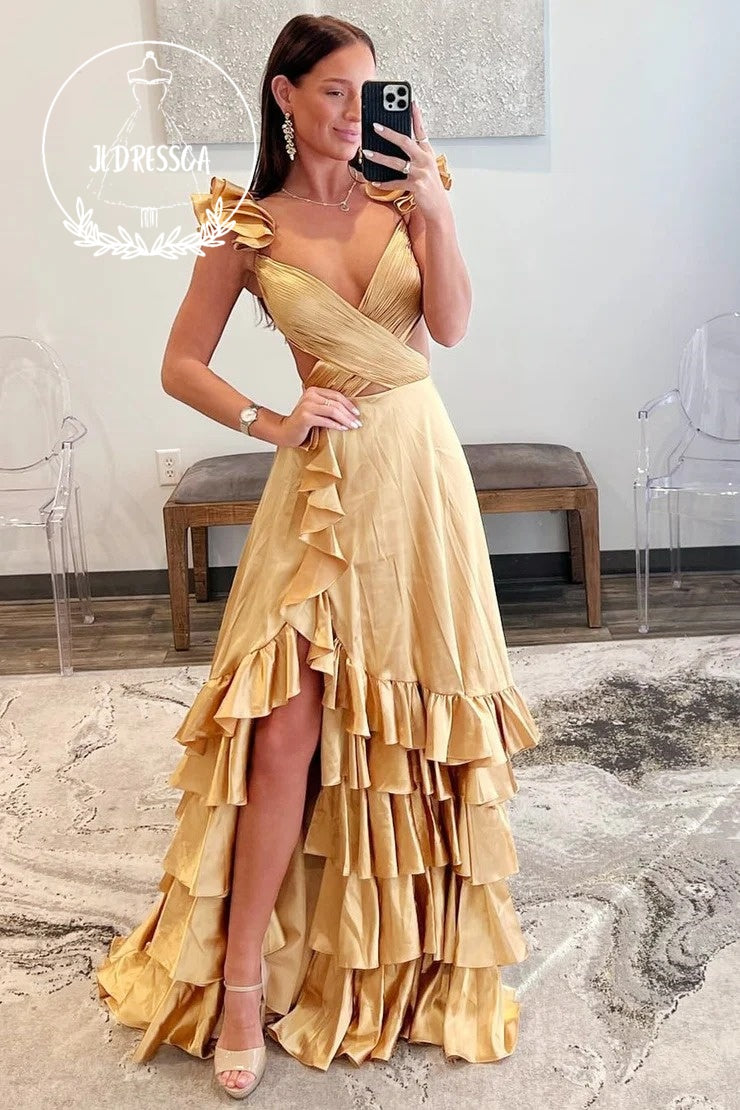A-Line Cutout Ruffle Long Prom Dress with Slit, PD25913