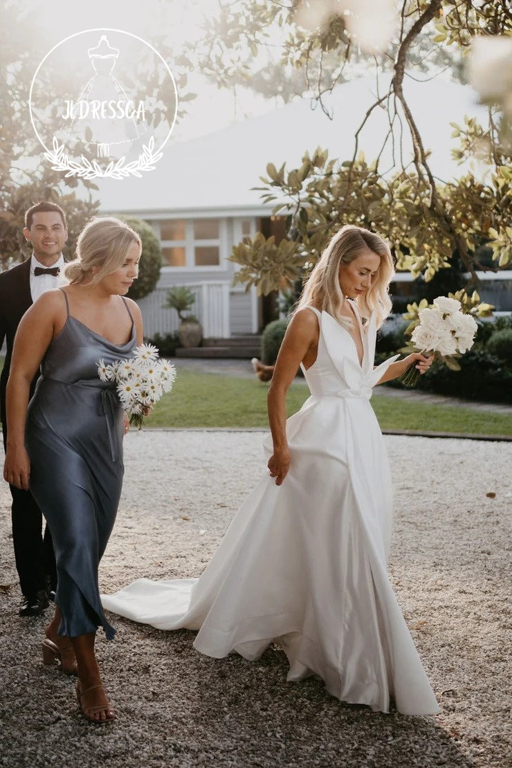 Elegant Long A - Line Satin Wedding Dresses with V Neck and Bow, WD25013