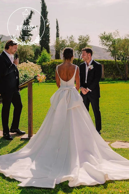 Elegant Square Neck White Satin Wedding Dress with Bow, WD25023