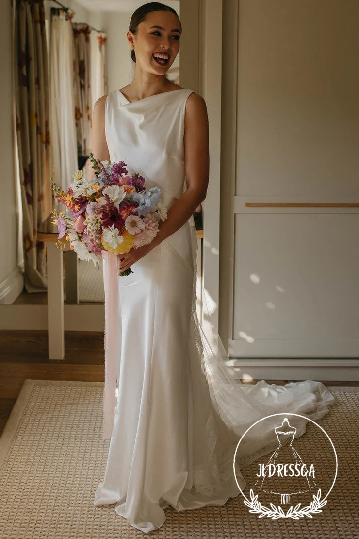 Romantic Long Sheath Silk Satin Wedding Dresses with Boat Neck, WD25008