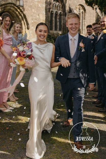 Romantic Long Sheath Silk Satin Wedding Dresses with Boat Neck, WD25008