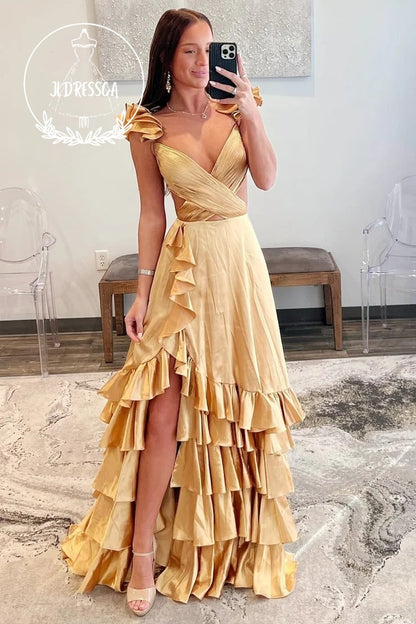 A-Line Cutout Ruffle Long Prom Dress with Slit, PD25913