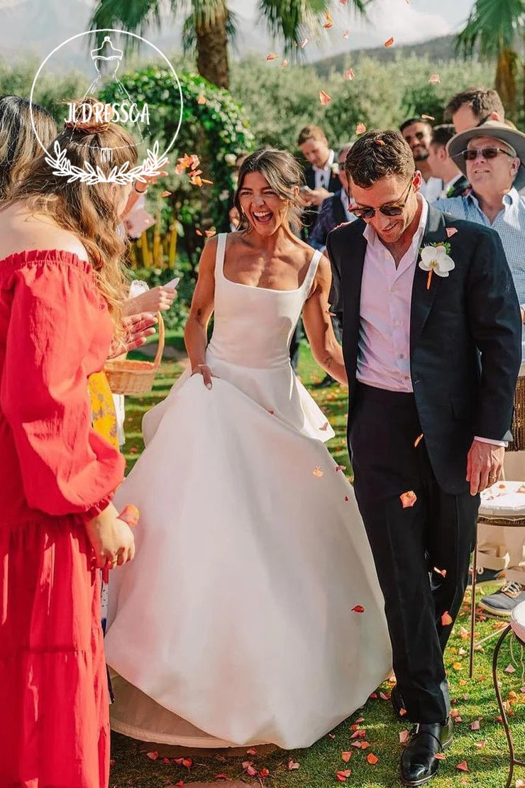 Elegant Square Neck White Satin Wedding Dress with Bow, WD25023