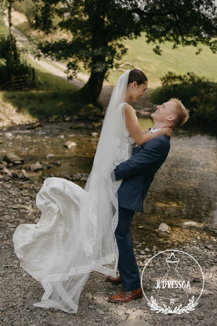 Romantic Long Sheath Silk Satin Wedding Dresses with Boat Neck, WD25008