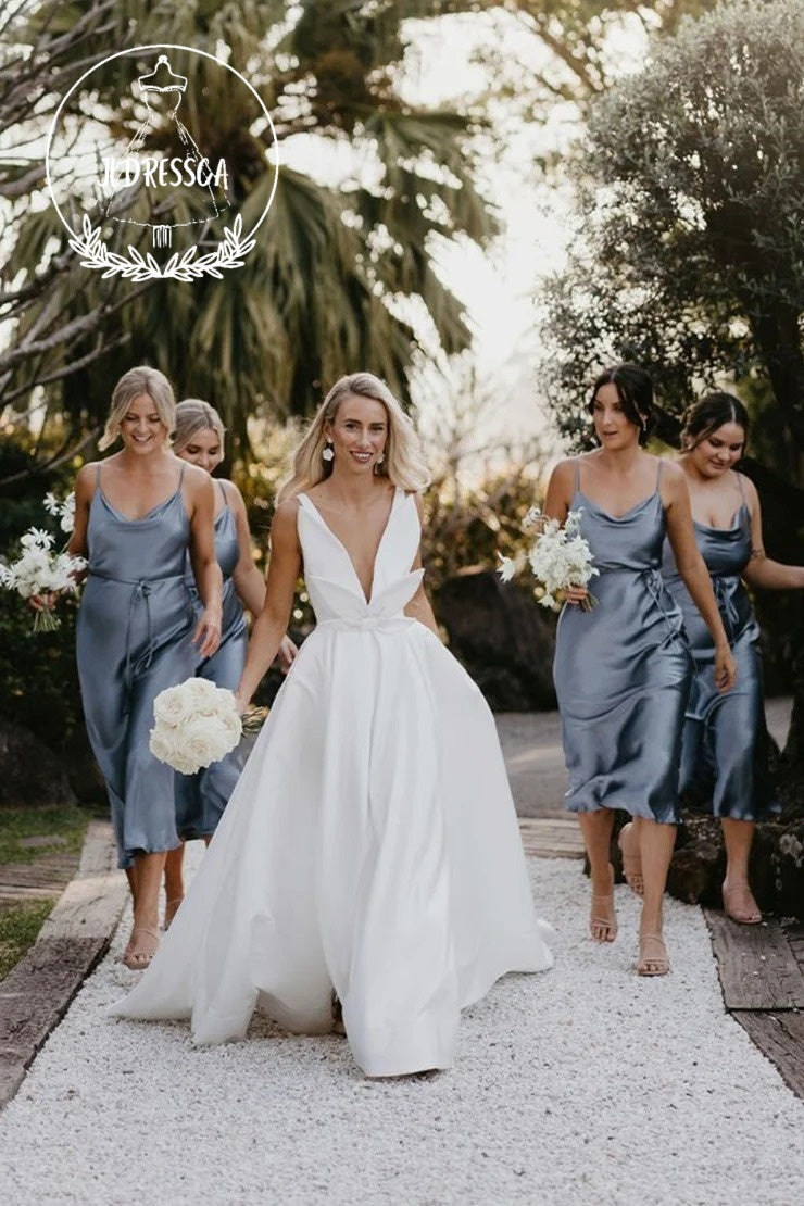 Elegant Long A - Line Satin Wedding Dresses with V Neck and Bow, WD25013