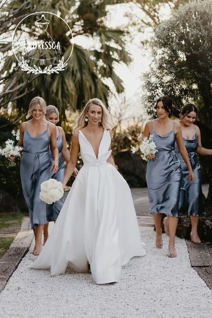 Elegant Long A - Line Satin Wedding Dresses with V Neck and Bow, WD25013