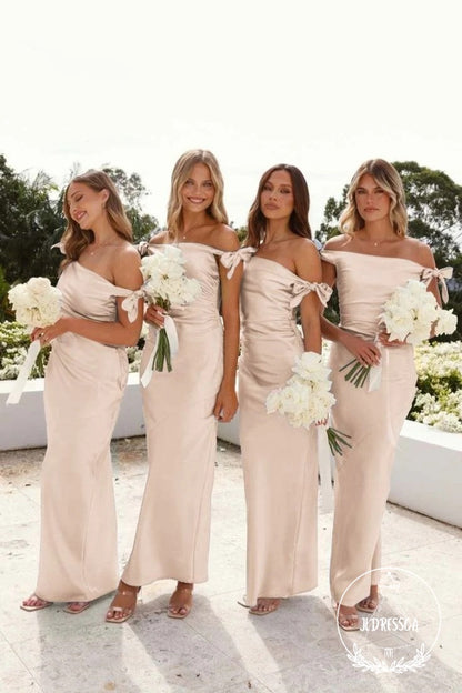 Light Blue Mermaid Off-Shoulder Chic Silk Satin Long Bridesmaid Dress, BD25043