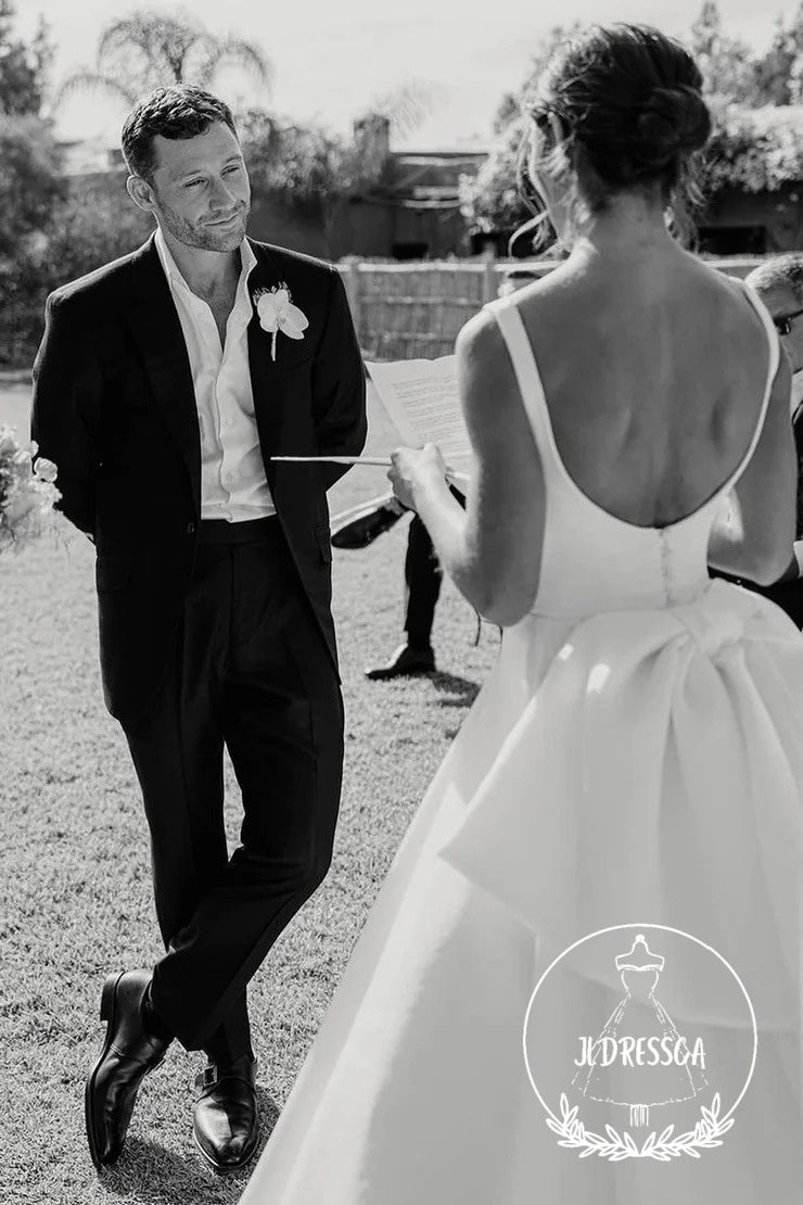 Elegant Square Neck White Satin Wedding Dress with Bow, WD25023