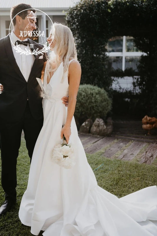 Elegant Long A - Line Satin Wedding Dresses with V Neck and Bow, WD25013