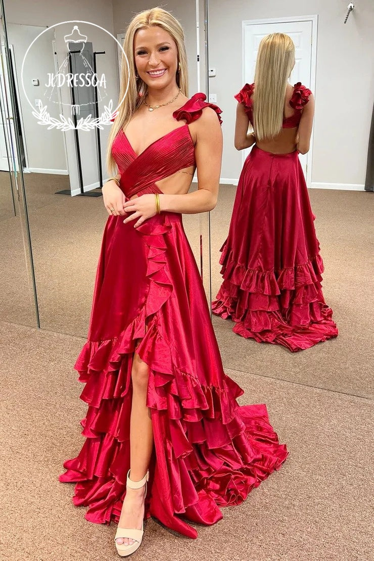 A-Line Cutout Ruffle Long Prom Dress with Slit, PD25913