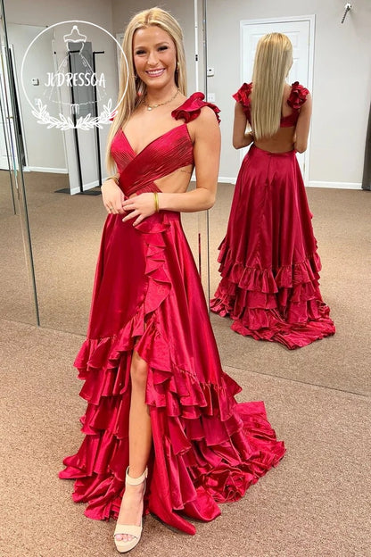 A-Line Cutout Ruffle Long Prom Dress with Slit, PD25913