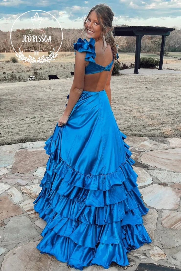 A-Line Cutout Ruffle Long Prom Dress with Slit, PD25913