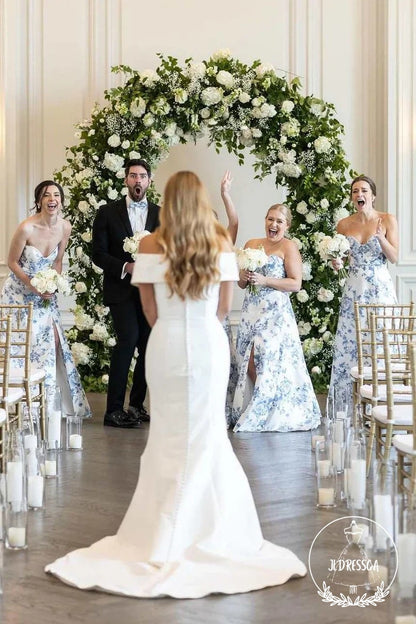 Floral Strapless Sheath Printed Satin Long Bridesmaid Dresses, BD25023