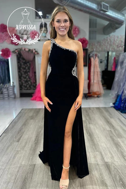Black One Shoulder Velvet Long Prom Dress with Slit, PD25903