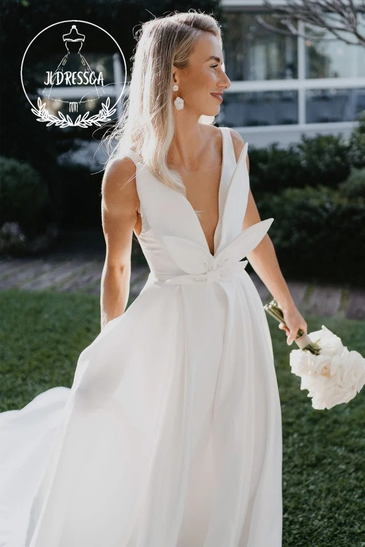 Elegant Long A - Line Satin Wedding Dresses with V Neck and Bow, WD25013