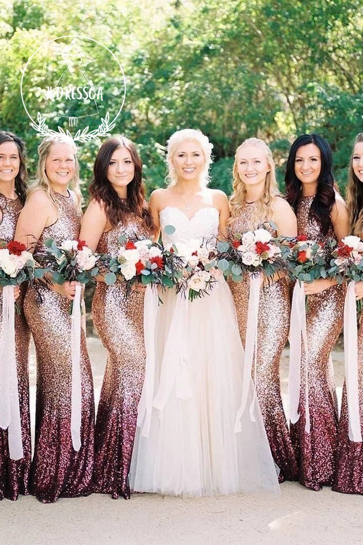 Mermaid Round Neck Rose Gold & Burgundy Sequins Long Bridesmaid Dress, BD25003