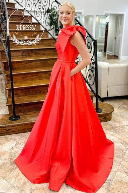 Red One Shoulder Satin Prom Dress with Pockets and Bow Tie, PD25873