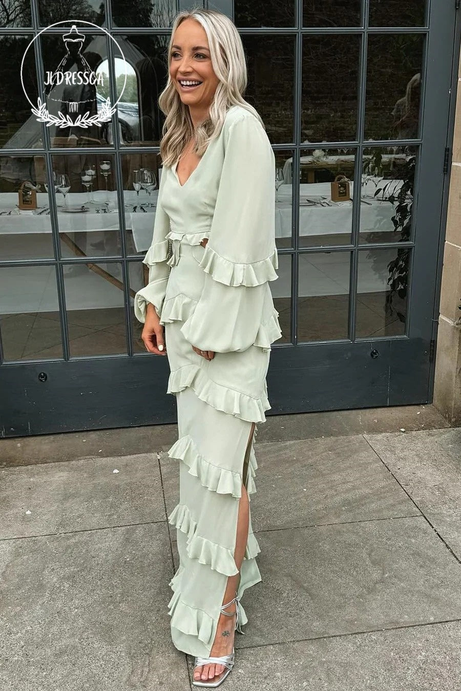 Sage Sheath V Neck Long Sleeves Chic Long Bridesmaid Dresses with Slit, BD25033