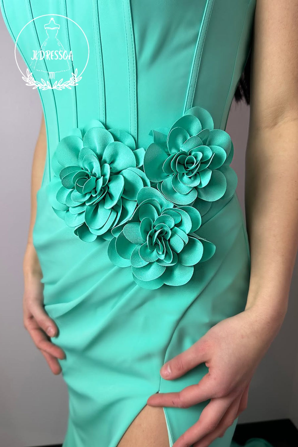 Mint Strapless Mermaid Satin Long Prom Dress with Slit, PD25824