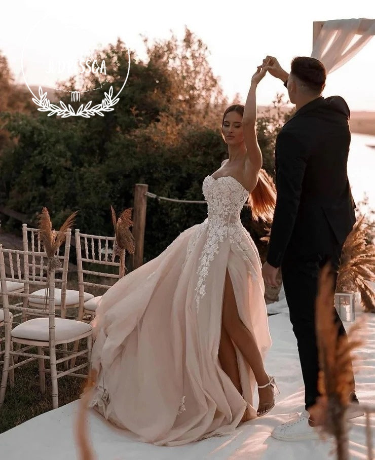 Charming Dark Champagne Long Ball Gown Wedding Dresses with Sweetheart Neckline and Appliques, WD25014