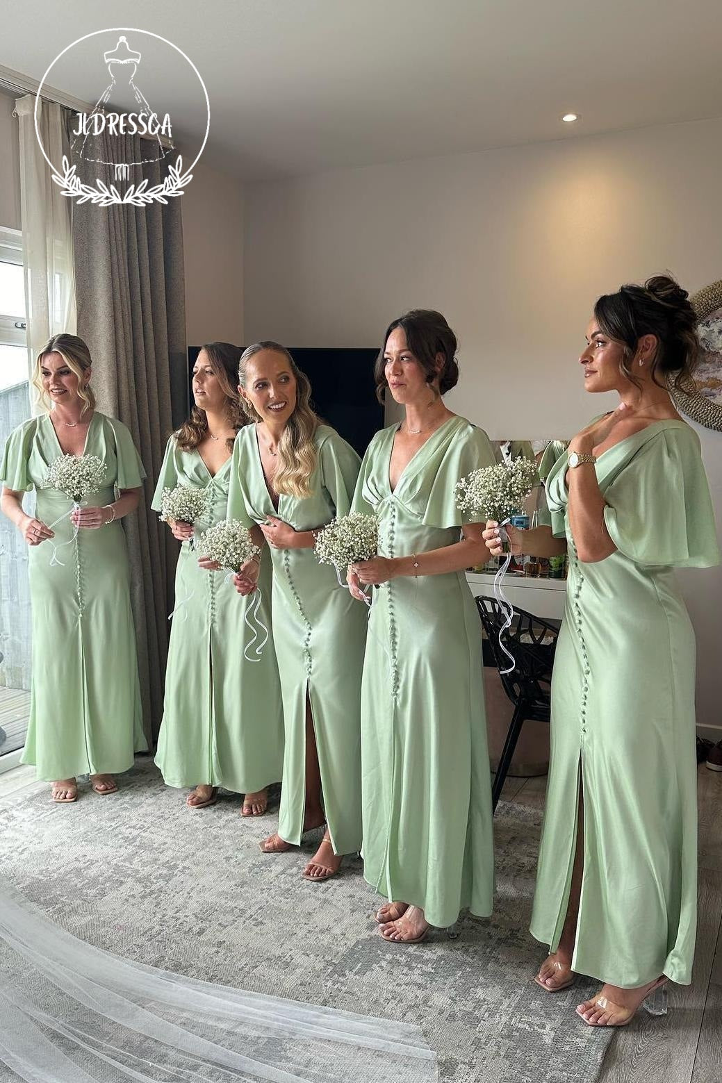 Light Green Sheath V Neck Simple Satin Bridesmaid Dress with Ruffled Sleeves, BD25014