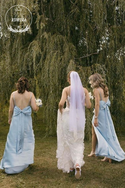 Light Blue Sheath Straps Simple Silk Satin Bridesmaid Dresses with Slit, BD25024