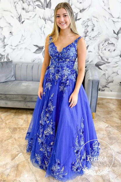 Periwinkle V-Neck A-Line Long Prom Dress with Floral Embroidery , PD25894