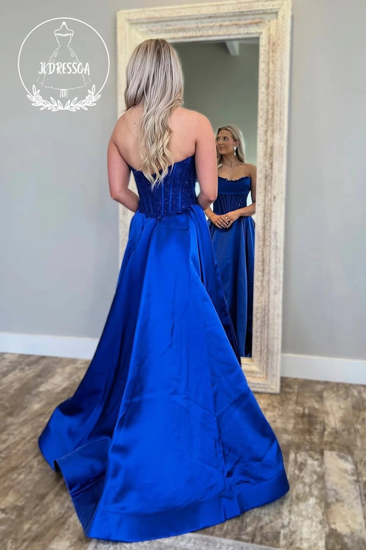 Royal Blue Strapless A-Line Satin Long Prom Dress with Pockets, PD25834
