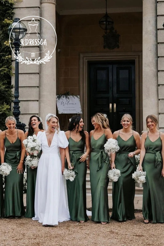 Sheath V - Neck Green Silk Satin Belted Bridesmaid Dresses, BD25004