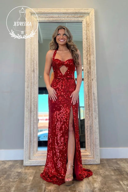 Dark Red Sweetheart Mermaid Sequins Long Prom Dress with Slit, PD25864