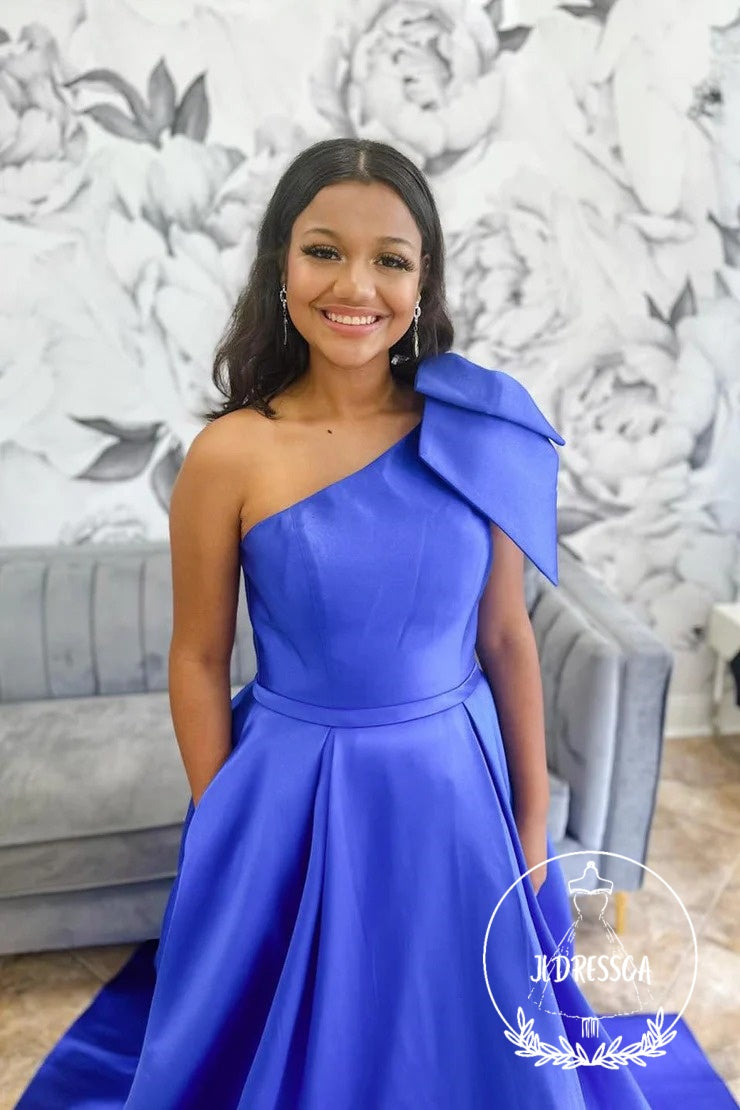 Royal Blue One Shoulder Satin Prom Dress with Pockets and Bow Tie, PD25874